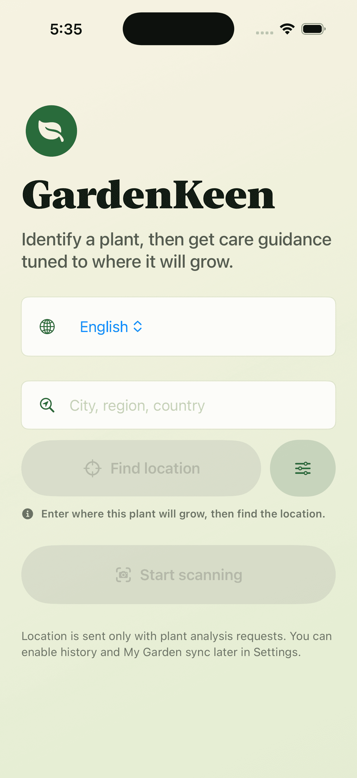 GardenKeen location and language onboarding screen